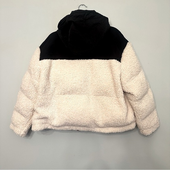 Maje Faux Shearling Padded Quilted Jacket Coat Colorblock Hoodie Sz 1 Oversized - Picture 9 of 16